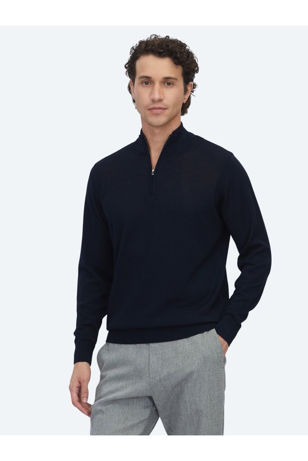 Navy Blue Bato Collar Jacquard Wool Blend Knit Sweater