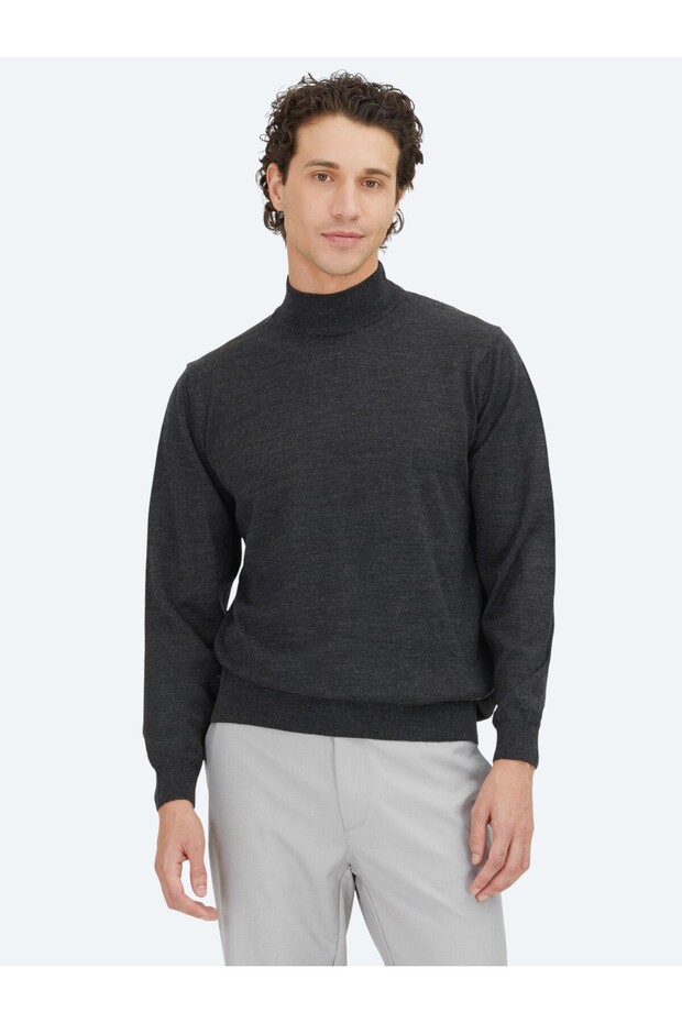 Anthracite Half Turtleneck Plain Knit Wool Blended Sweater