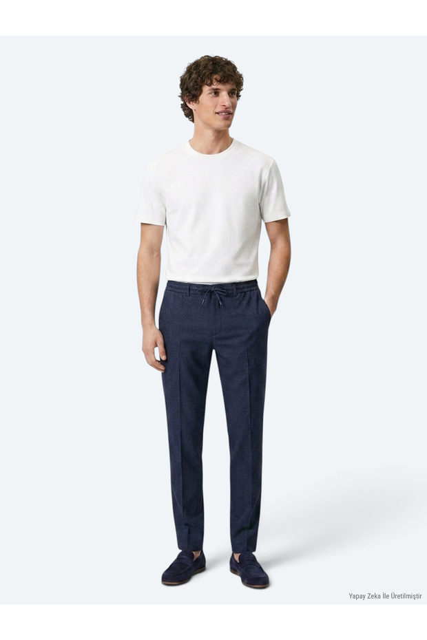 Navy Blue Striped Woven Jogging Fit Casual Trousers