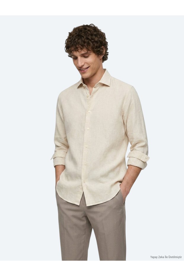 Beige Regular Fit Long Woven Casual Cotton Blend Shirt