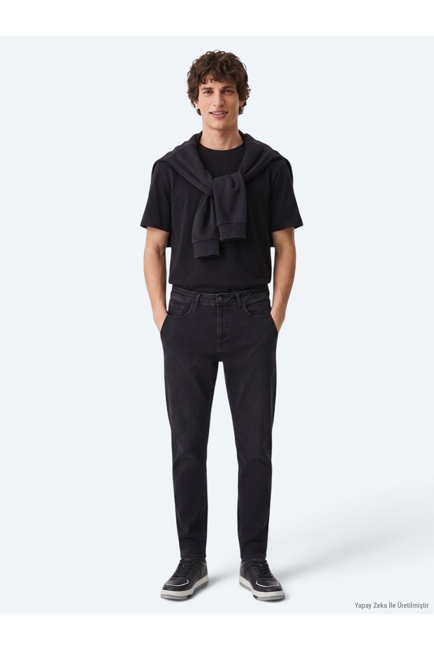 Black Straight Slim Fit Denim Cotton Blend Trousers