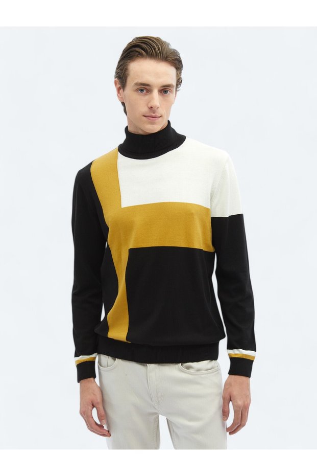 Black Full Turtleneck Patterned Cotton Blended Sweater Sweater