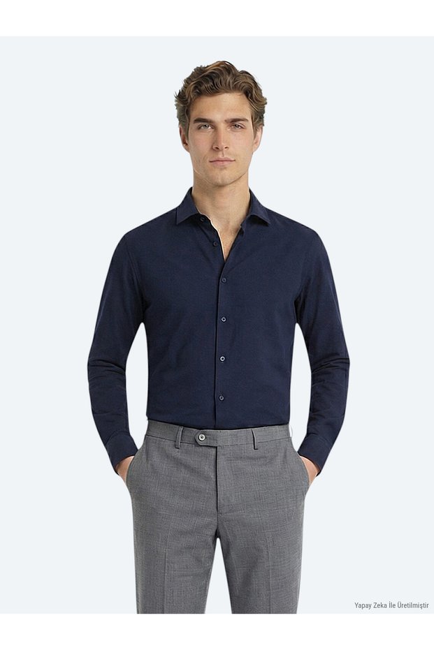 Navy Blue Plain Regular Fit Long Woven Classic Cotton Blend Shirt