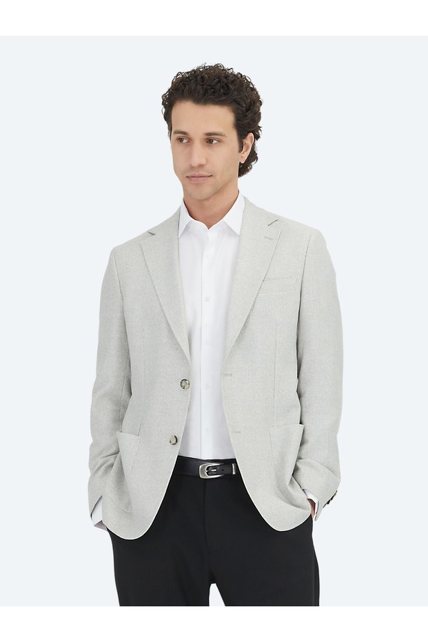 Gray Patterned Modern Fit Linen Blended Jacket