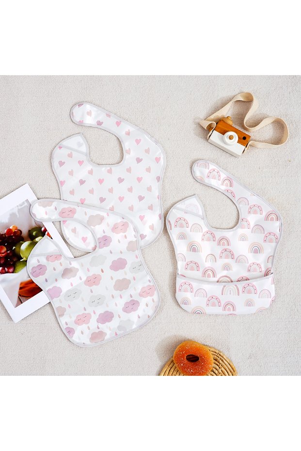 SMT2127-B13 3 Pack Mess Proof Baby Bib with Reversible Pocket, Waterproof Led Weaning Baby Feeding B