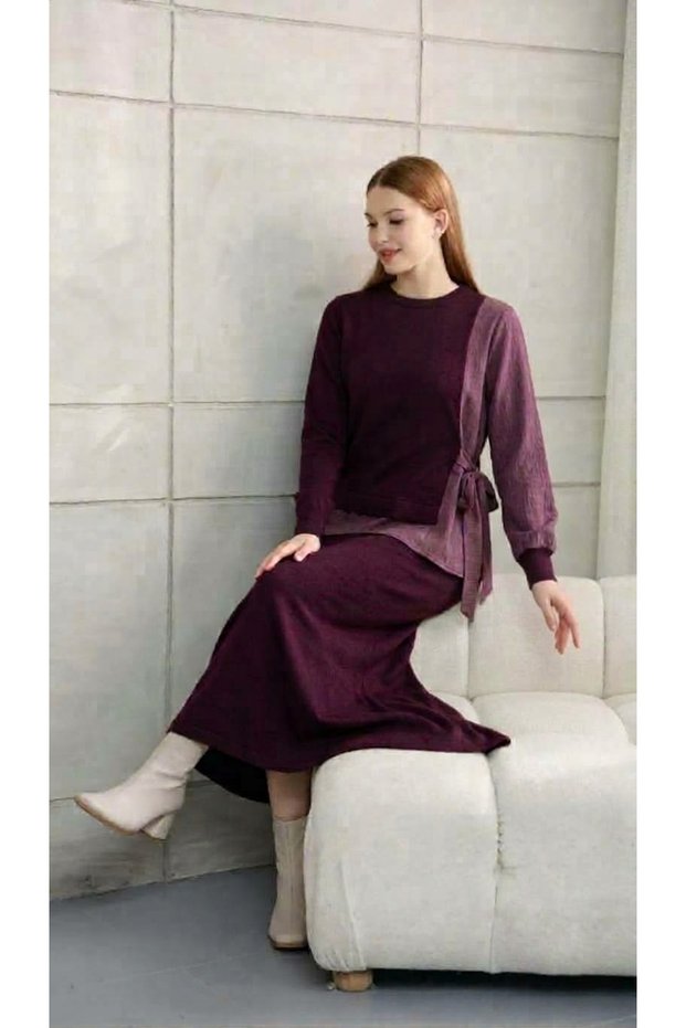 Crew Neck Silk Tunic with Kupra Garnish and Tie Detail and Pencil Skirt Mercerized Fabric Two-Piece Set