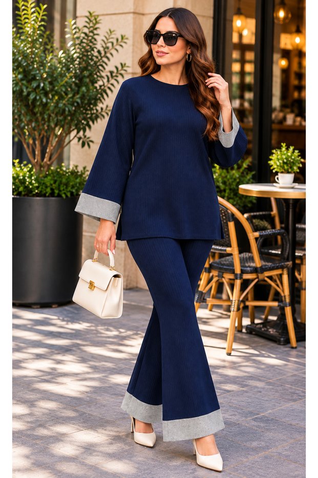 Women's Twill Spanish-Style Pants with Sequin Detail Polo Neck Top and Bottom Set