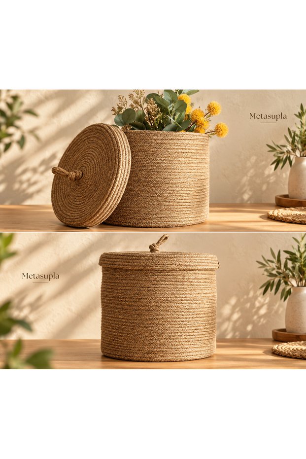 Handwoven Jute Lid Wicker Basket, Bathroom Laundry Basket, Kitchen Organizer Basket and Planter