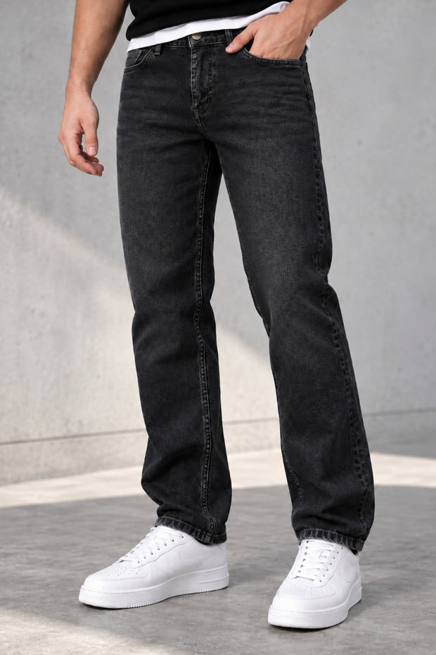 Men's Black Brushed Regular Pipe Leg Flexible Stretch Fabric Denim Jeans Denim Trousers