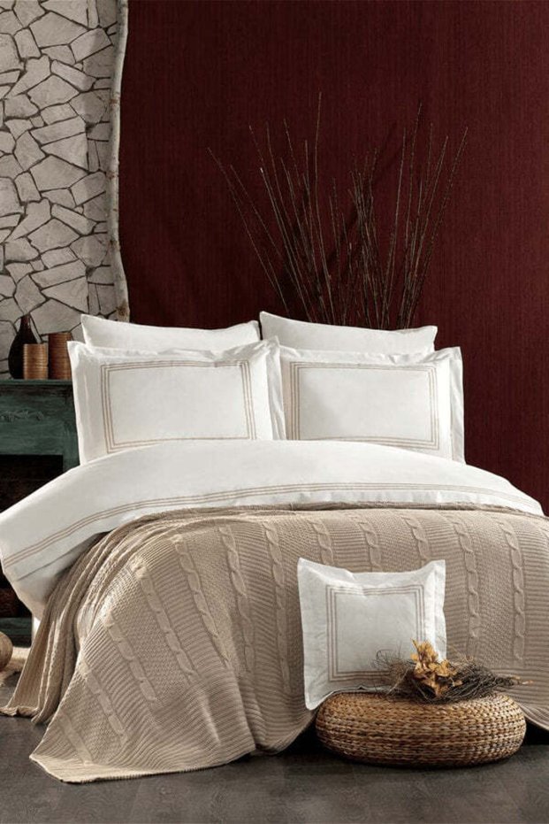 8 Piece Knitwear Blanket and Embroidered Aydos Double Cotton Beige Duvet Cover Set