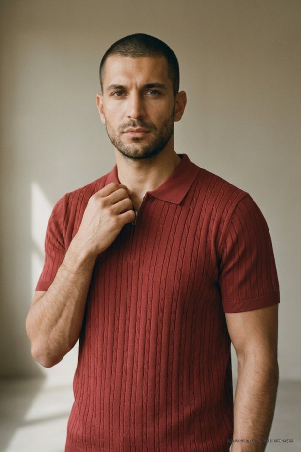 Men's Trendy Striped Claret Red Polo Collar Knitwear T-Shirt