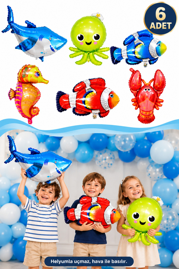 Ocean Creatures Themed Sea Creatures Foil 6-Piece Mini Balloon Set Octopus Fish Crab Balloon