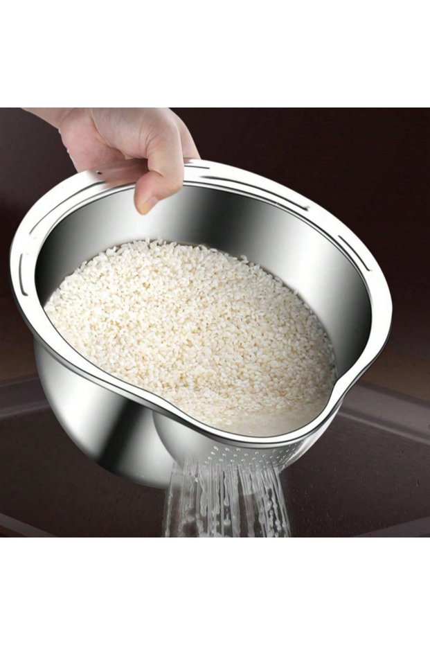 colander Stainless Steel Rice Washing Bowl with Drain Holes, 2-in-1 Vegetable Fruit Strainer Colande