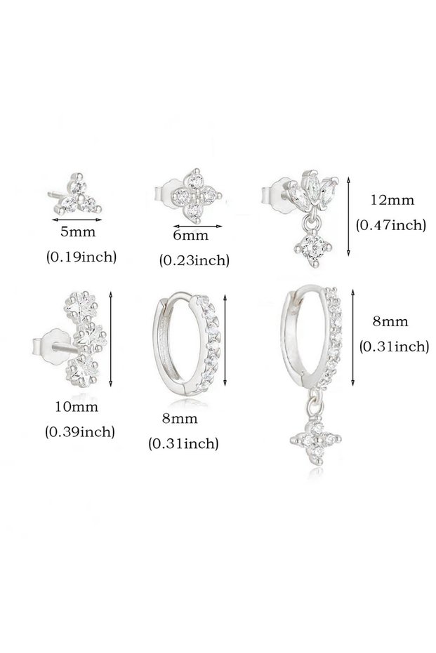 6Pcs Style 3 6Pcs Flower Dangle Hoop Stud Stackable Earring for Women, Casual Zirconia 14K Gold Plat