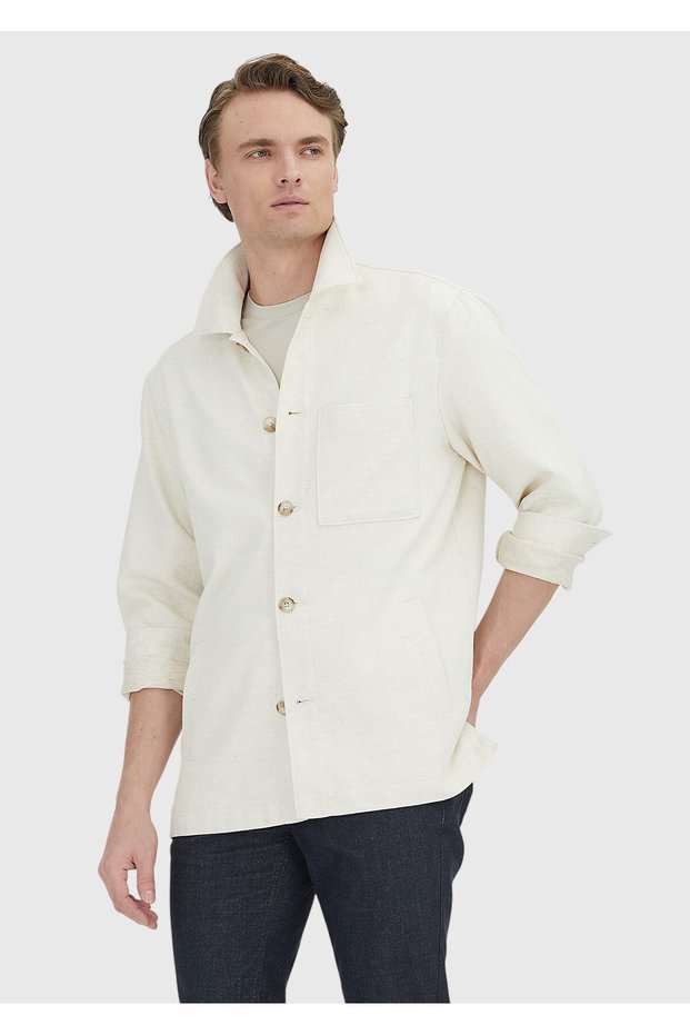 Beige Plain Casual Fit Long Woven Cotton Blend Overshirt