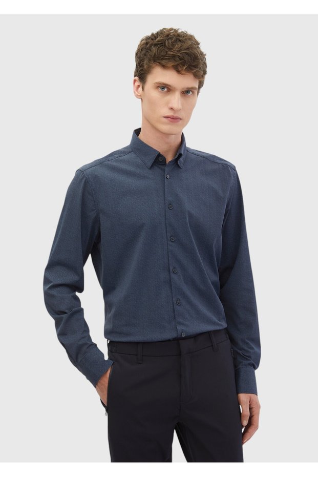 Navy Blue Printed Casual Fit Long Casual Shirt