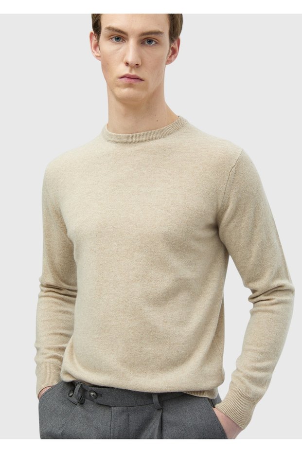 Beige Crew Neck Plain Knit 100% Cashmere Sweater