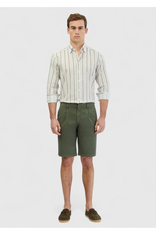 Khaki Plain Weave Regular Fit Casual Cotton Blend Bermuda