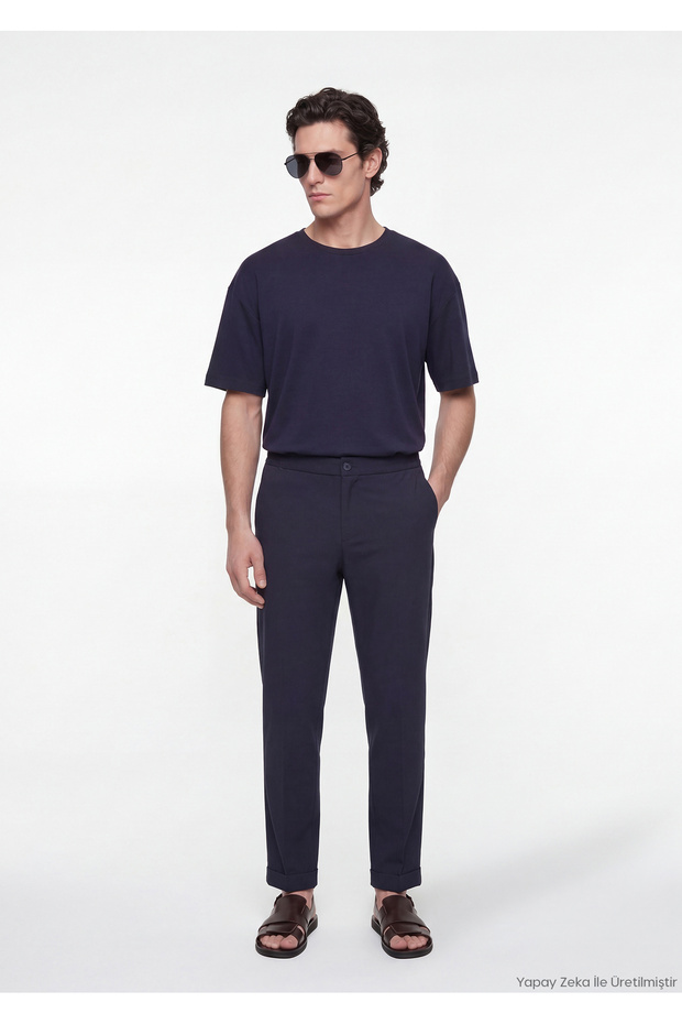 Navy Blue Plain Woven Jogging Fit Casual Trousers