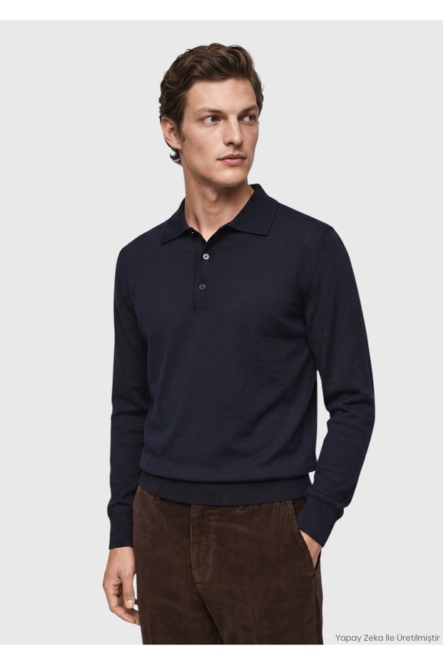 Navy Blue Polo Neck Plain Knit Wool Blended Sweater
