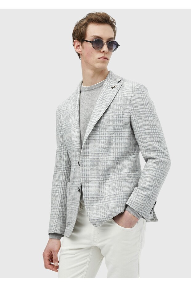 Light Gray Checkered Shirt Shoulder Slim Fit Wool Blended Jacket