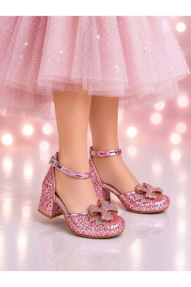 Girl's Princess Bow Detailed Heeled Evening Dress Shoes — Pink