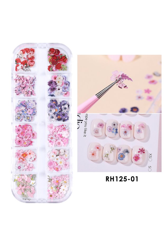 RH125-01 12 Grids Summer Wood Chip Flower Nail Art Sequins Plum Blossom Bee Rose Daisy Butterfly Sha
