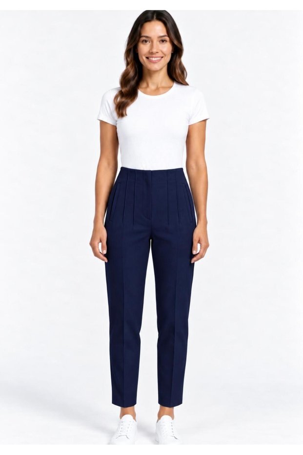 Women's Navy Blue High Waist Pleated Carrot Leg Trousers-P197