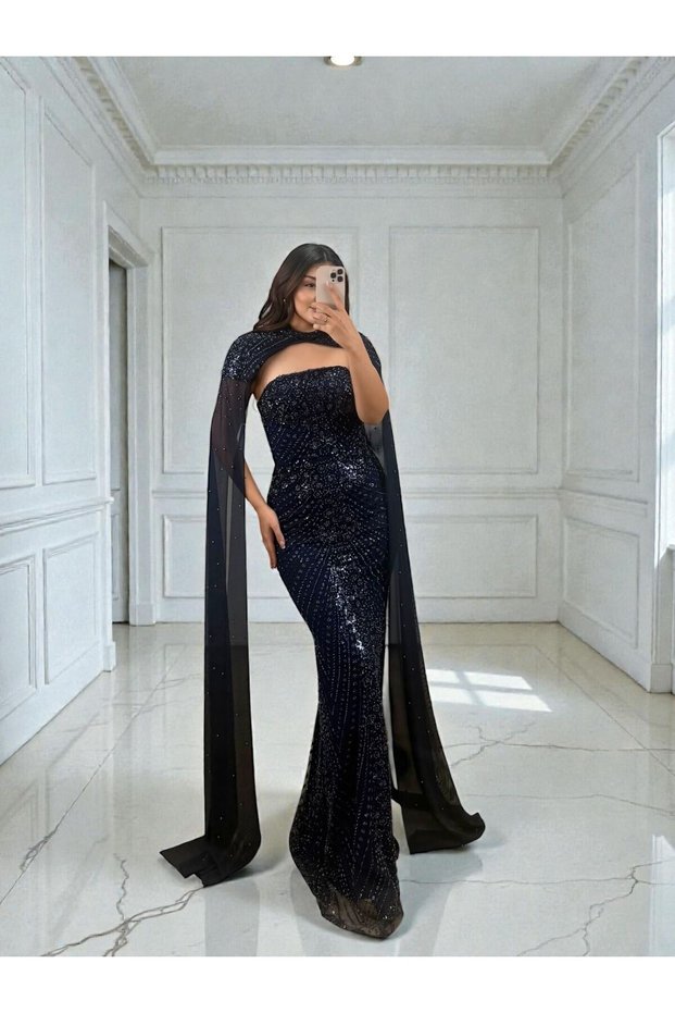 Valentina Beaded Sequin Embroidered Cape Navy Blue Designer Evening Dress