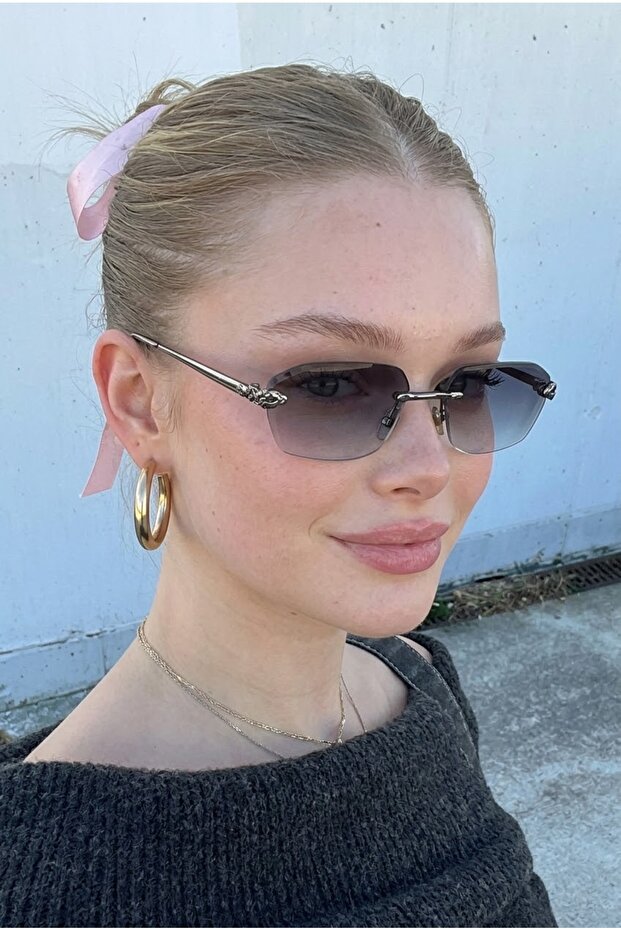 Sinemis Geometric Crystal Silver Framed Ultra Light Uv400 Filtered Smoked Anthracite Women's Sunglasses