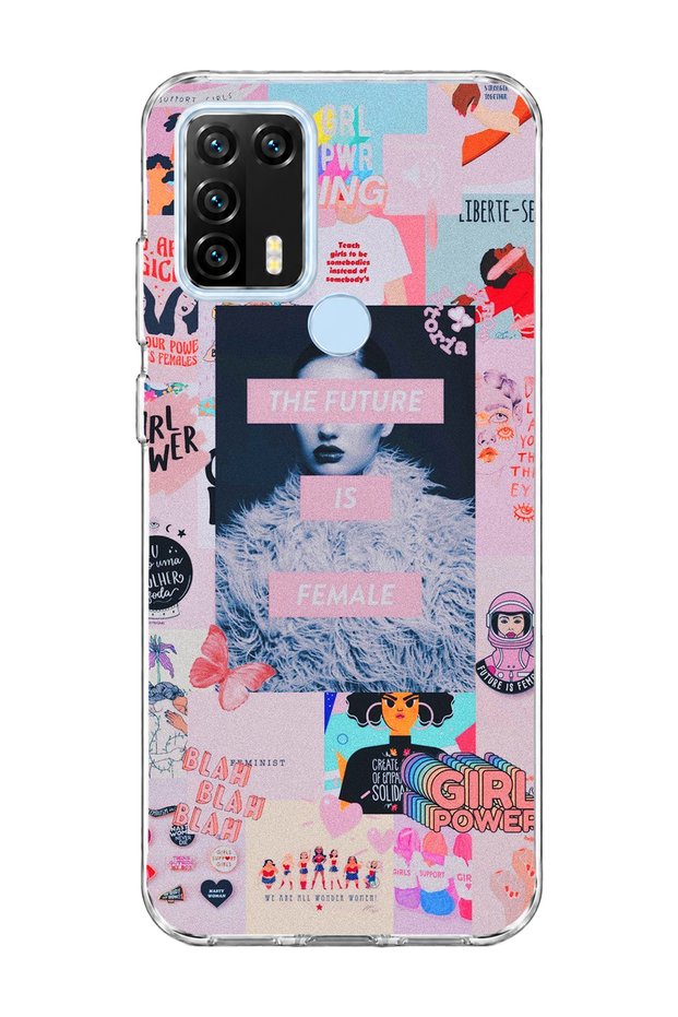 General Mobile Gm 21 Pro Compatible Women's Power Pink Collage Printed Transparent Phone Case