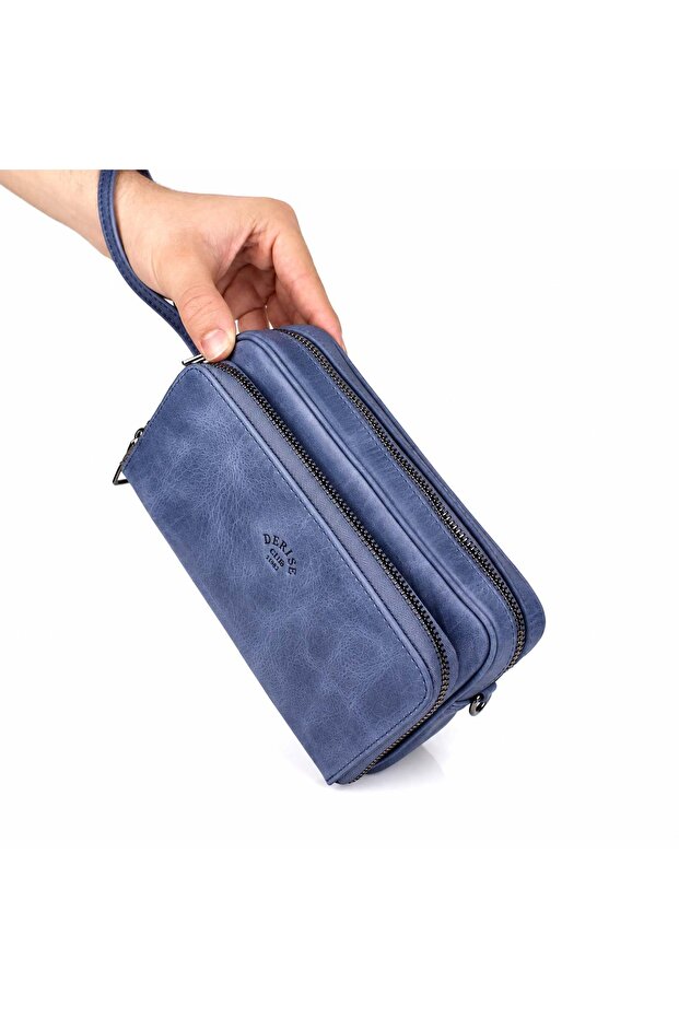 Men's Genuine Leather Navy Blue Multi-Compartment Portfolio Bag with Belt and Shoulder Strap Handbag