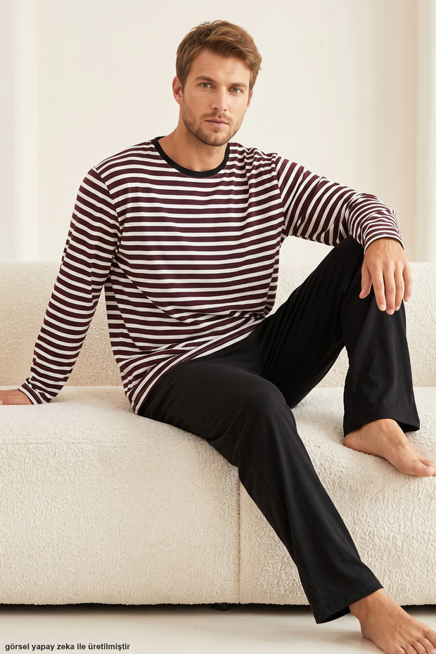 Plum Stripe Patterned Cotton Knitted Pajama Set 8092