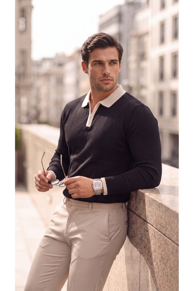 Men's Long Sleeve Slim Knitwear Polo Collar Zippered Ribbed T-Shirt