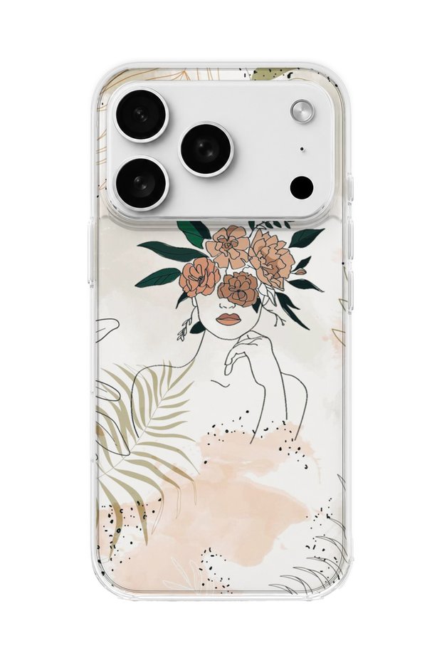 iPhone 18 Pro Compatible Flower Headed Woman Drawing Printed Transparent Phone Case
