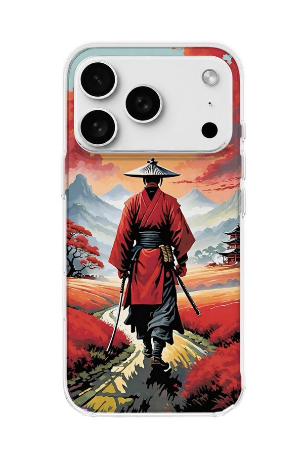 iPhone 18 Pro Compatible Red Kimono Samurai Printed Transparent Phone Case