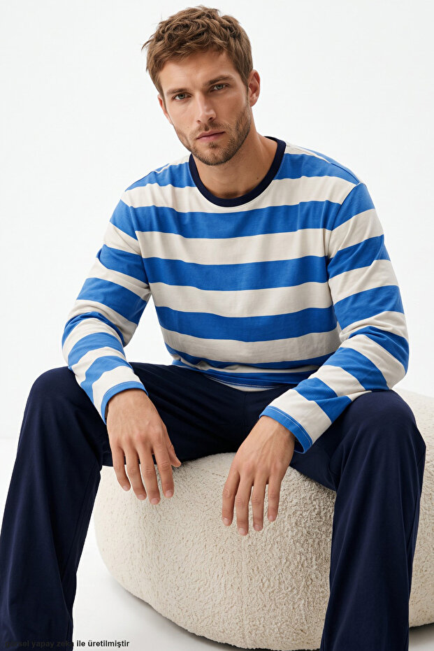 Saks Stripe Patterned Cotton Knitted Pajama Set 8092