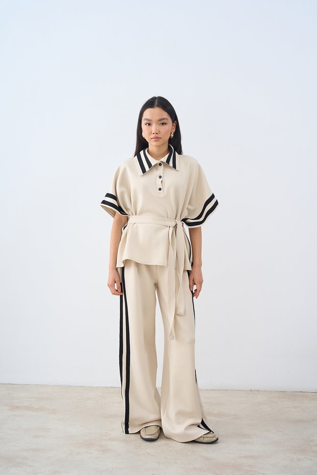 Women's Stripe Detail Waist Tie Set Cream