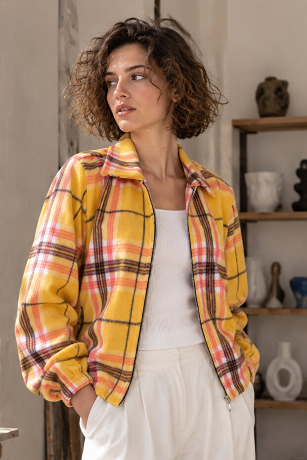 Women's Mustard Color Zippered Front Coat with Elastic Sleeves Arm-27K001040