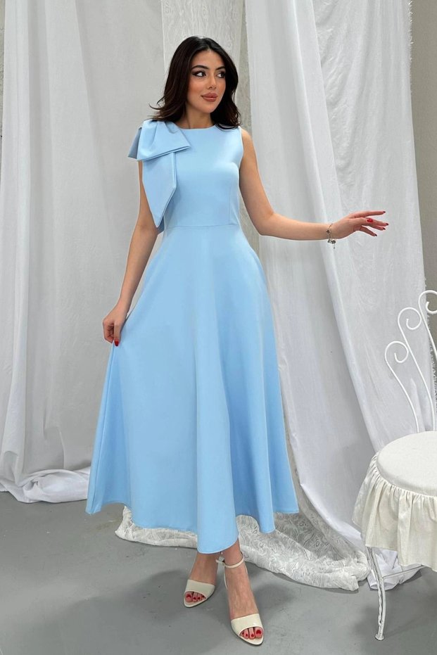 Baby Blue Dress with Shoulder Bow - Baby Blue