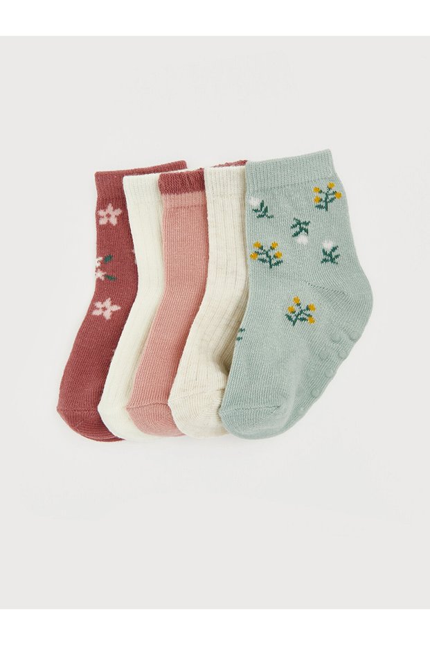 Lcw Baby Green Floral Patterned Baby Girl Socks 5-Pack