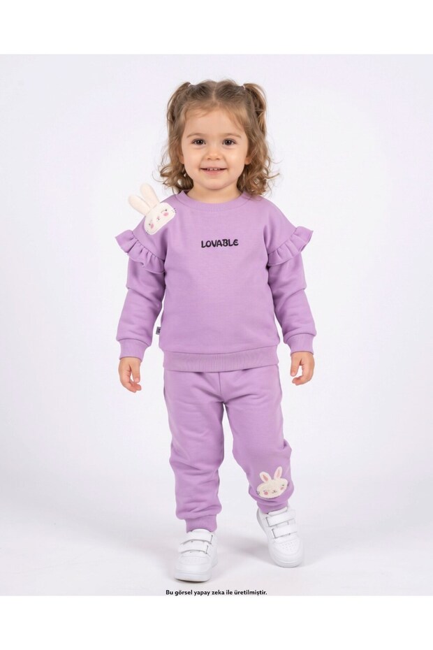 Girl's Winter 3-Yarn Threaded, Fleece-Lined, Rabbit Embroidered Thick Tracksuit Set for Ages 2-3-4-5-6
