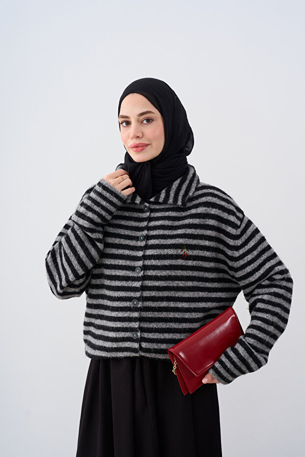 Women's Thick Striped Knitwear Cardigan Black