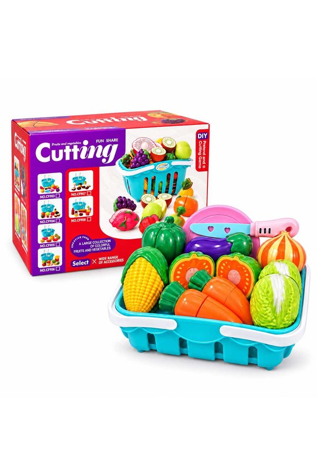 Kids Pretend Play Fruits and Vegetables Cutting Toy Set with Storage Basket, DIY Sliceable Food Playset with Toy Knife, Cutting Board and Food Accessories, Role Play Toy for Boys and Girls Ages 3+