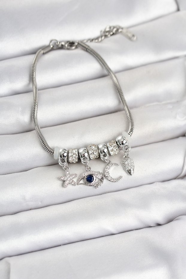 Brass Silver Color Women's Bracelet with Eye Detail and Charm