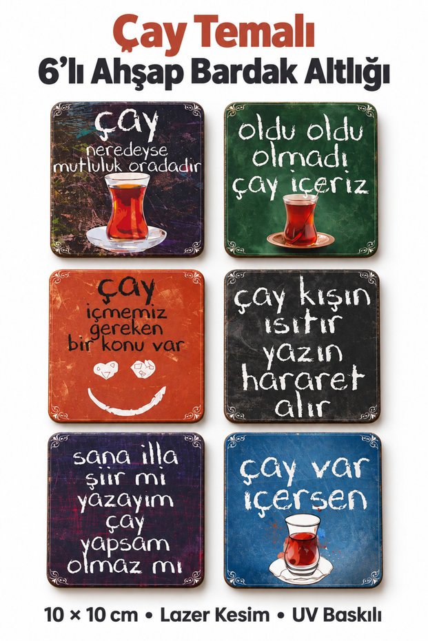 Set of 6 Tea-Related Spiraling Quotes Themed Wooden Coasters Decorative Home, Kitchen, Office Accessory Set