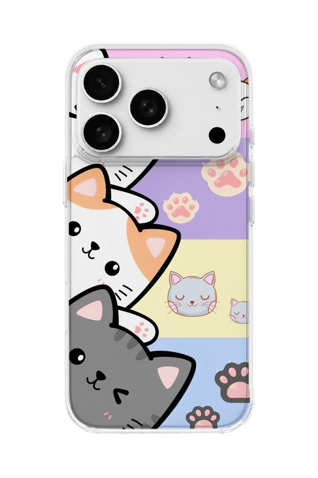 iPhone 18 Pro Max Compatible Cute Cats Pastel Printed Transparent Phone Case