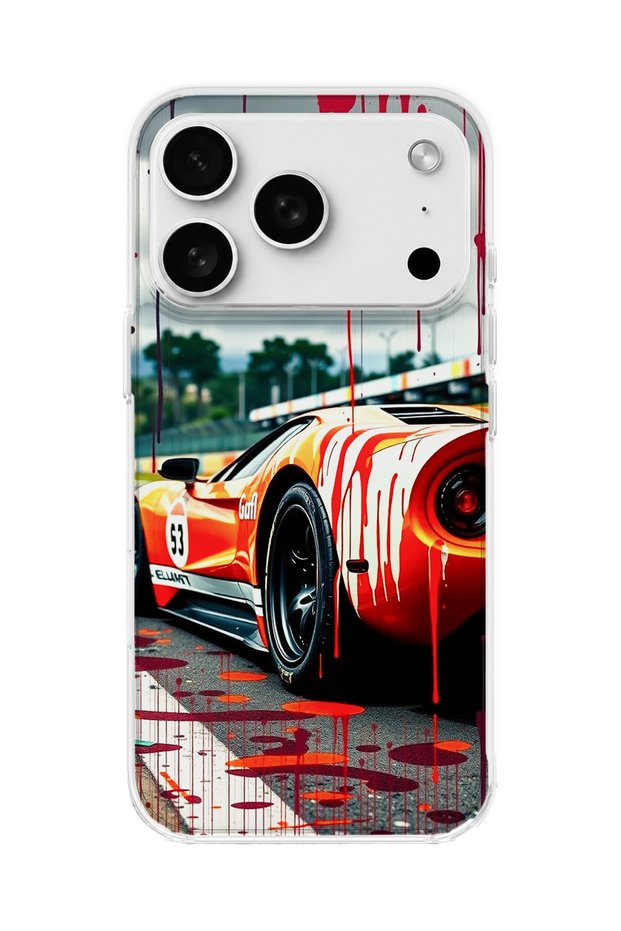 iPhone 18 Pro Max Compatible Orange Race Car Printed Transparent Phone Case