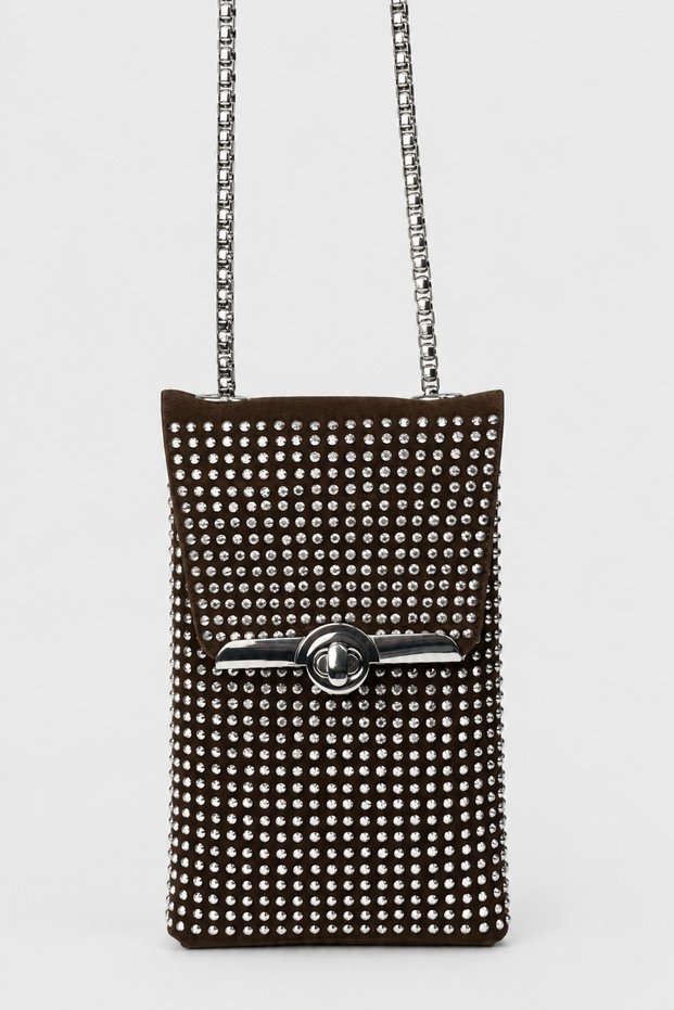 Women's chain strap stone phone bag - brown