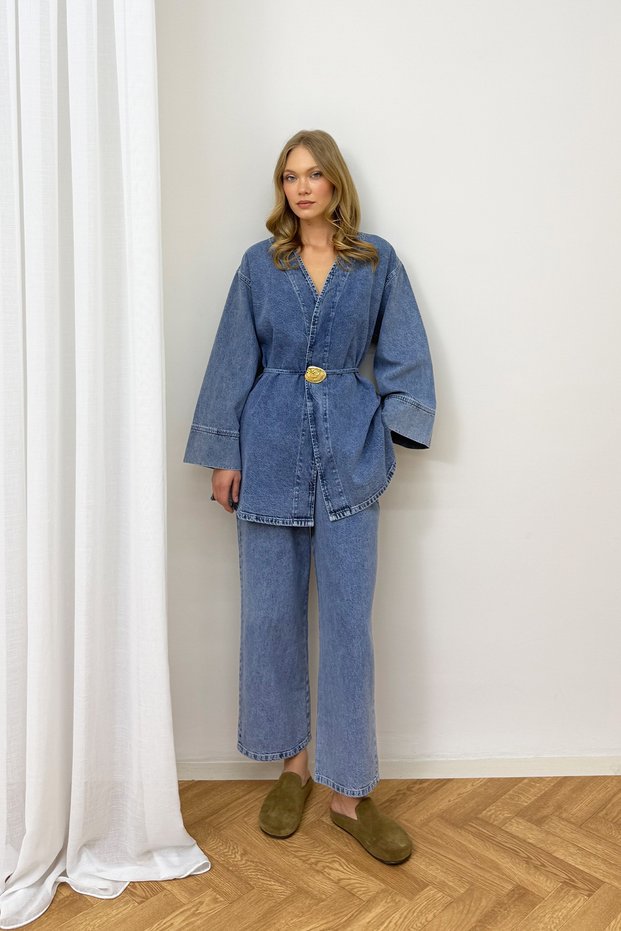 Buttoned Brooch Denim Suit 3-725